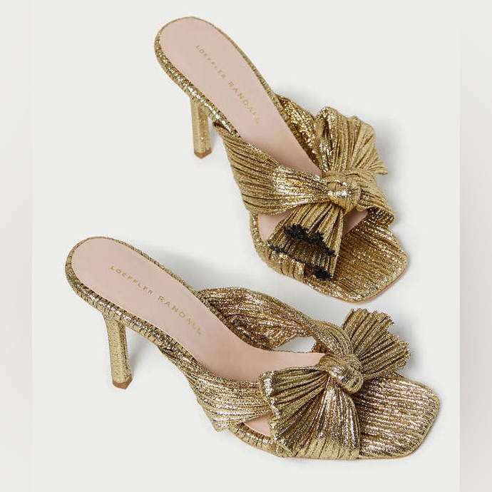 Loeffler Randall Claudia Gold Metallic Pleated Bow Heeled Mule